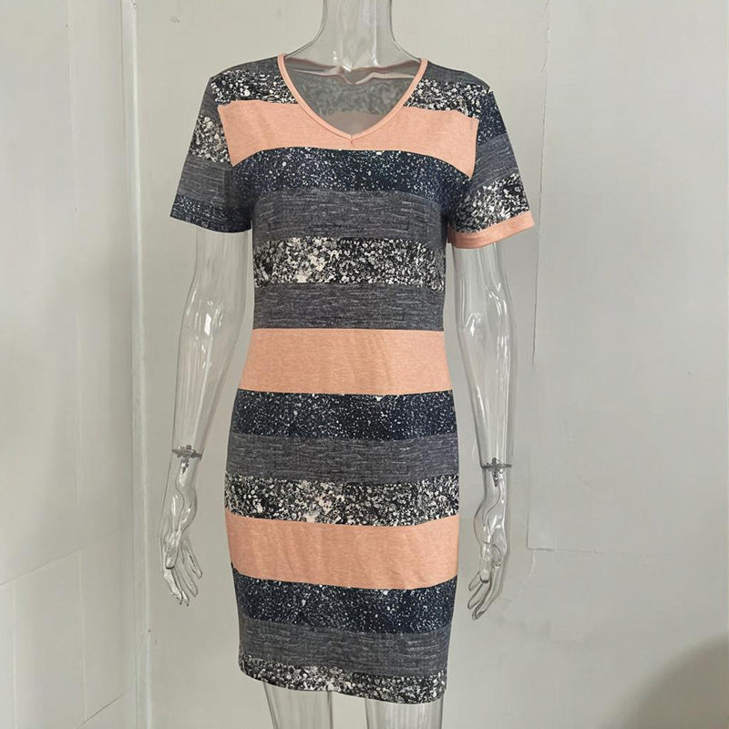 Women's Striped V-Neck Bodycon Mini Dress – Slim Fit Casual Summer Style