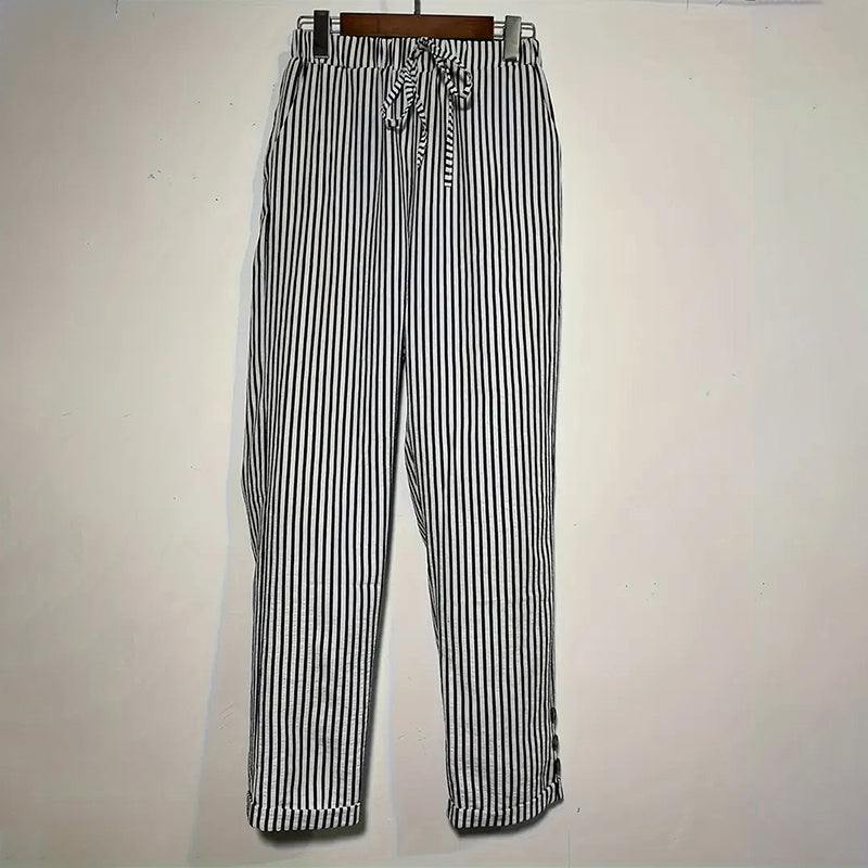 Women's Striped Elastic Waist Pants - Button Accent with Pockets