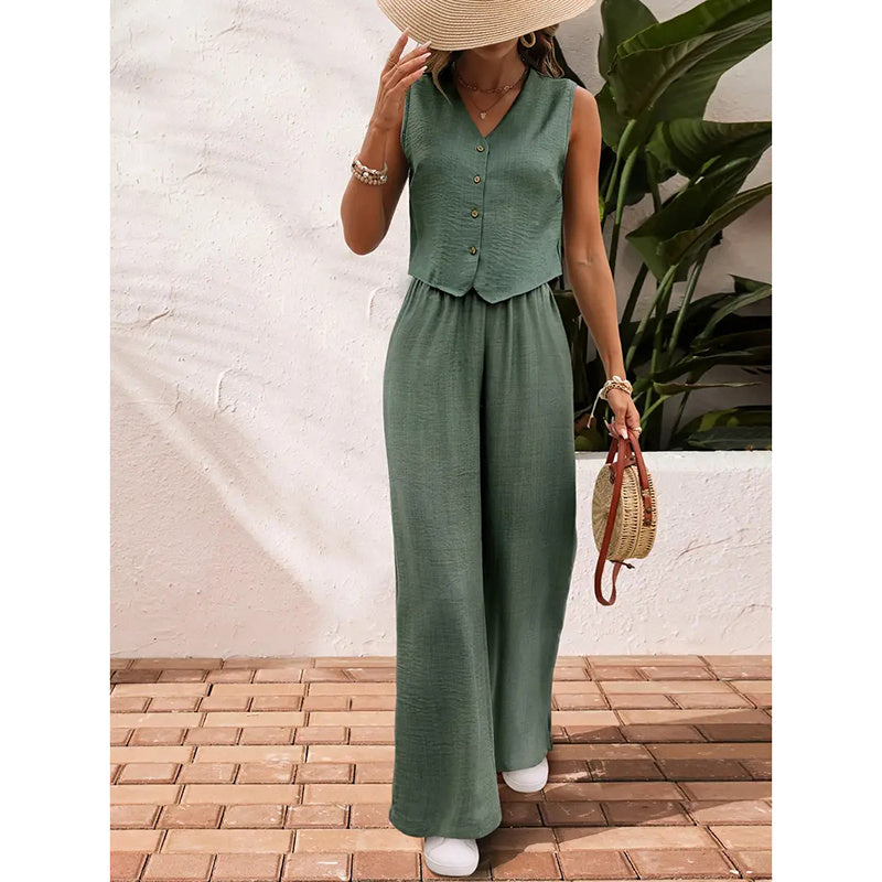 Women’s 2-Piece Blazer Set - Crop Vest and Wide-Leg Pants