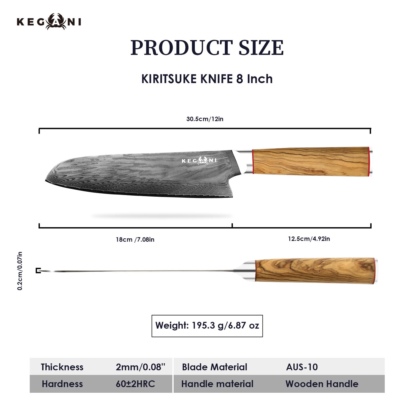 Kegani Kiritsuke Knife - 8 Inch Professional Japanese Chef's Knife