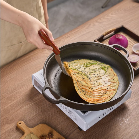 11 Inch Cast Iron Wok with Wooden Lid & Dual Handles