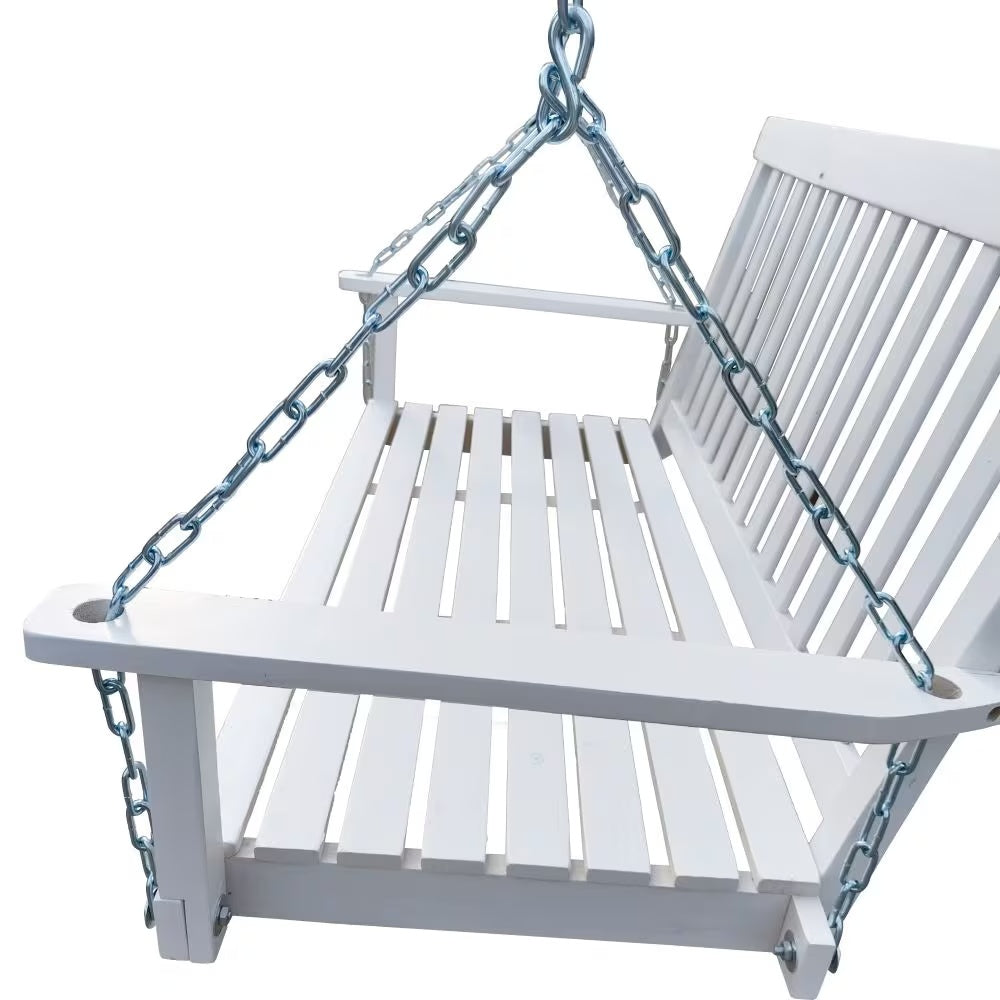 Wooden Front Porch Swing with Chain - White Fir Wood Bench