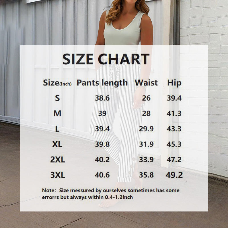 Women's Striped Elastic Waist Pants - Button Accent with Pockets
