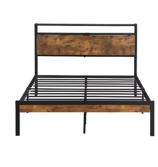 Queen Size Metal Bed Frame with Wooden Headboard and USB Plug