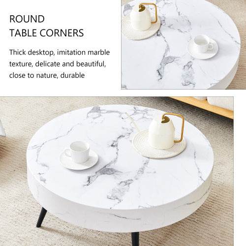 31.5" White Marble Round Coffee Table with Adjustable Feet