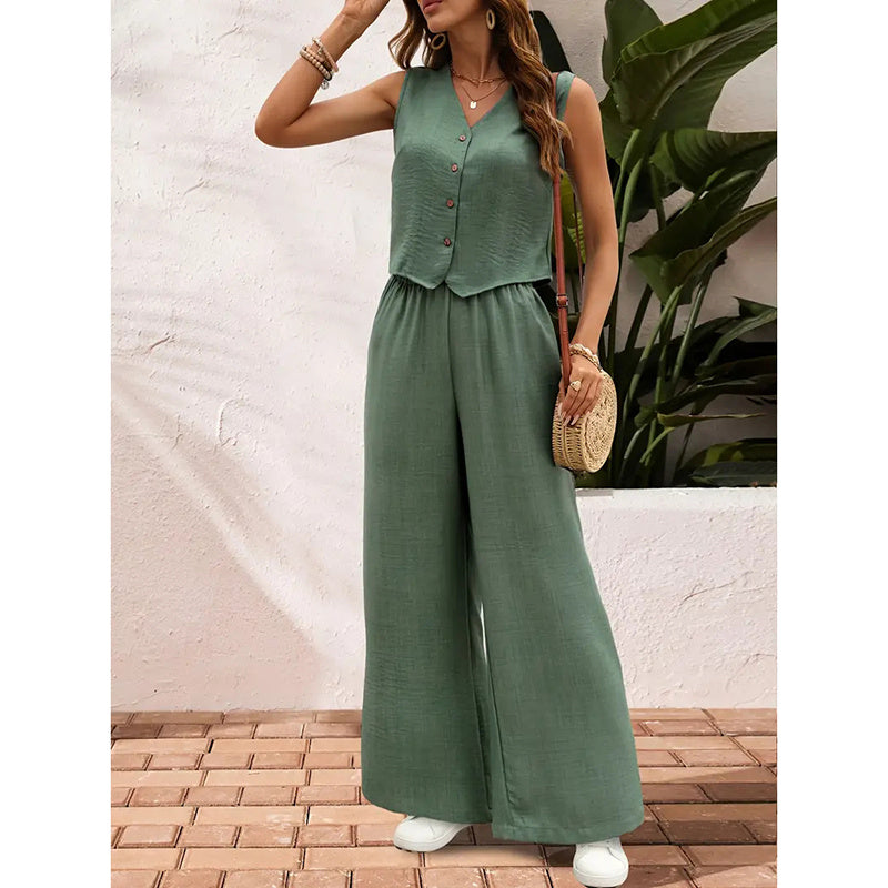 Women’s 2-Piece Blazer Set - Crop Vest and Wide-Leg Pants