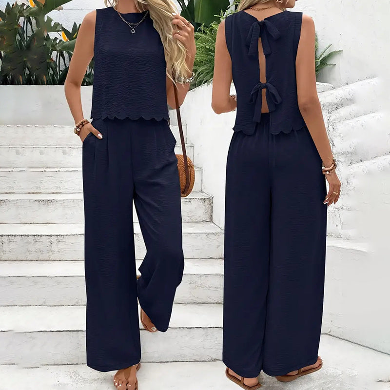 Women's Sleeveless Crop Top & Wide Leg Pants Matching Set