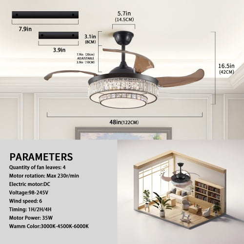 Modern 4-Blade LED Retractable Ceiling Fan with Light