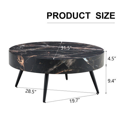 31.5" Black Marble-Patterned MDF Round Coffee Table with Black Metal Legs