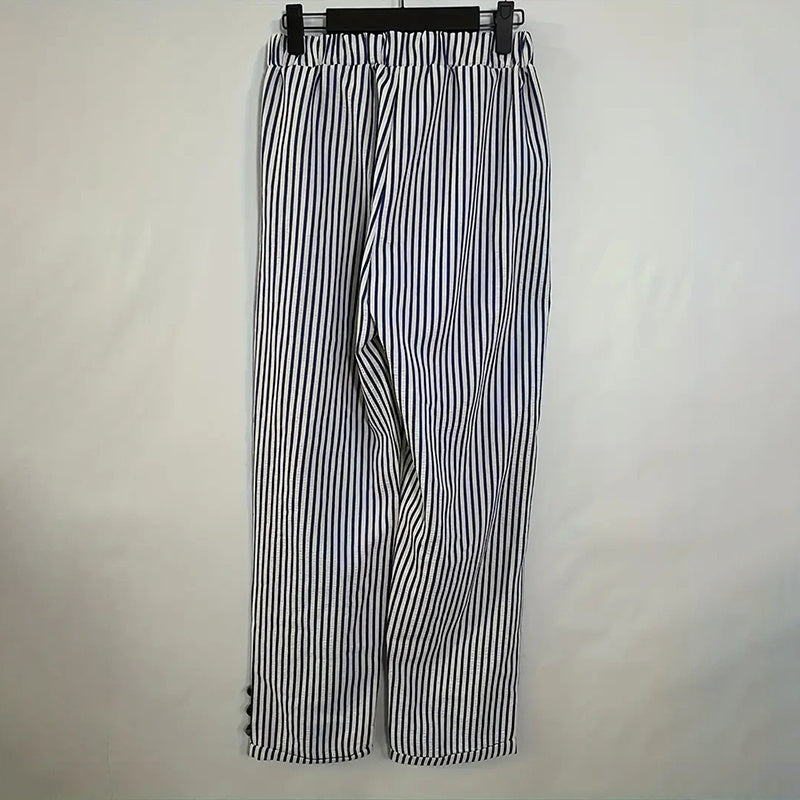 Women's Striped Elastic Waist Pants - Button Accent with Pockets