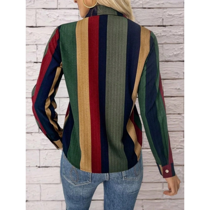 Women's Contrast Color Button-Down Blouse - Long Sleeve Shirt