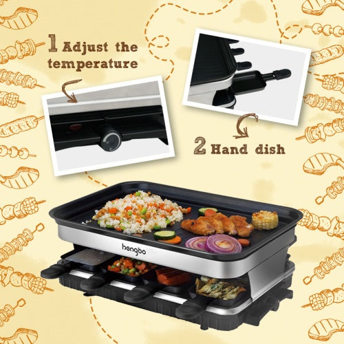Raclette Non stick Grill with 8 Mini Pans, Adjustable Temperature Electric Party Grill