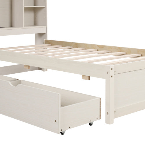 Twin Size Bed Frame with Bookcase Headboard and Built-in USB Port