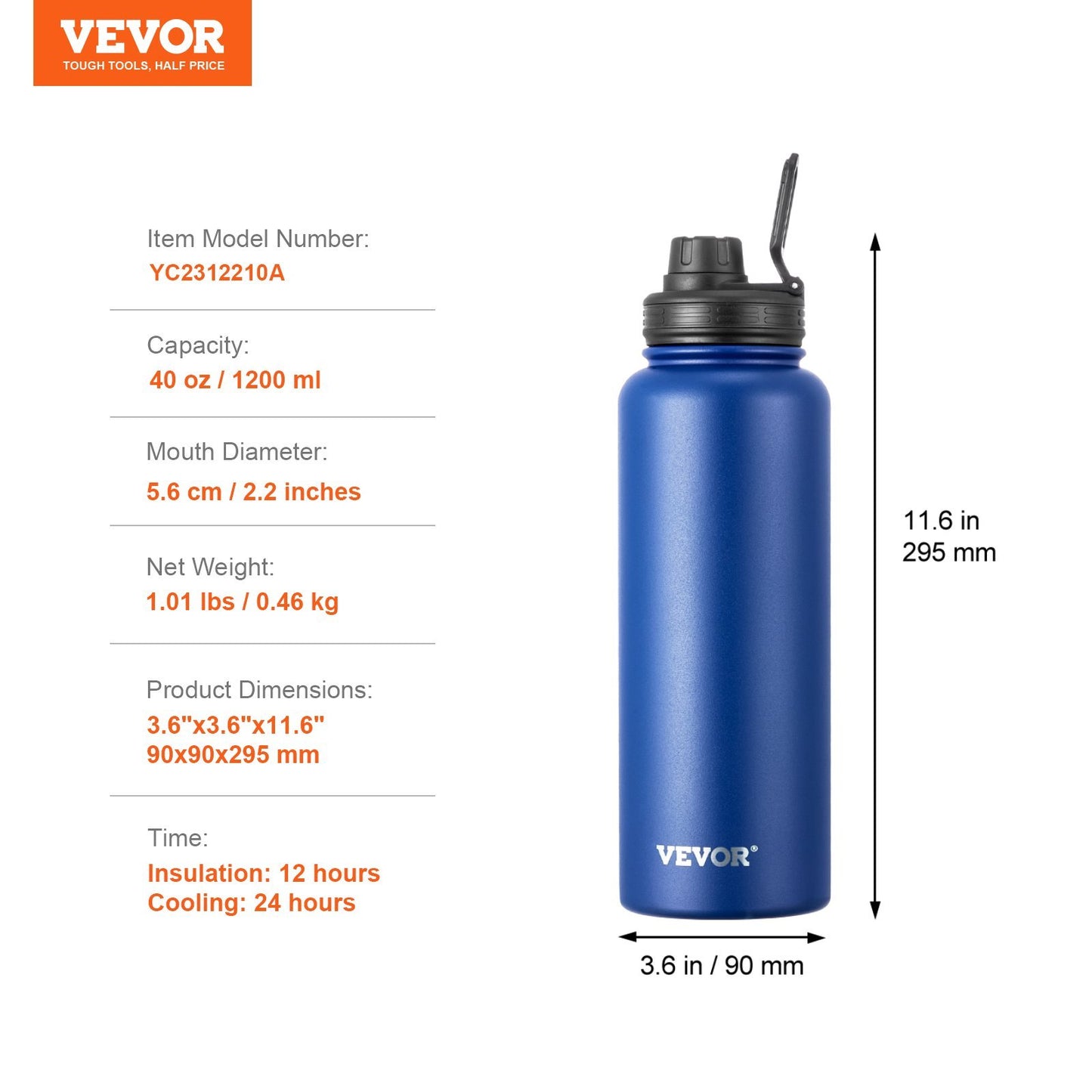 40 Oz Insulated Water Bottle with Wide Mouth Lid