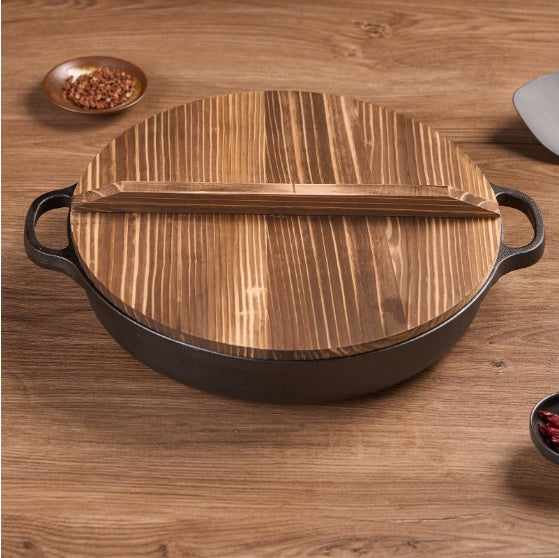 11 Inch Cast Iron Wok with Wooden Lid & Dual Handles