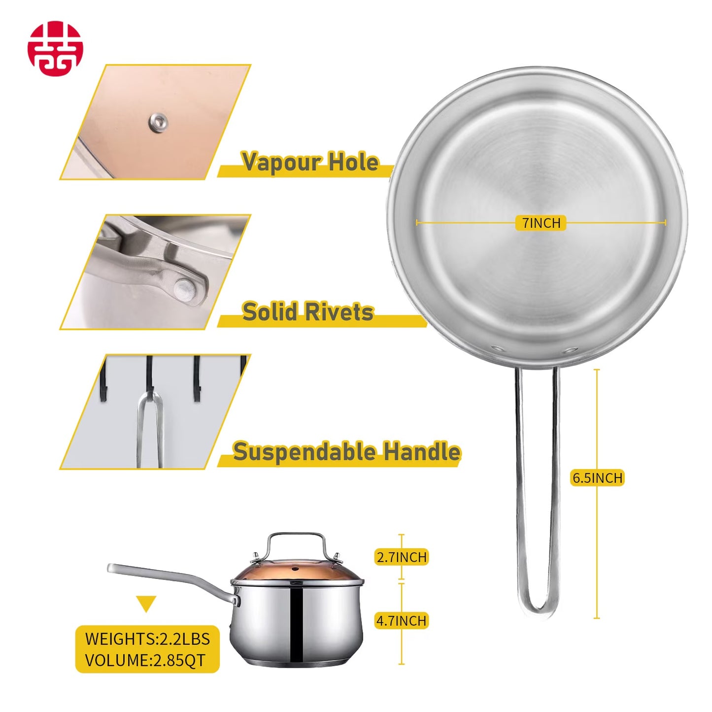 Non-Stick Stainless Steel Saucepan with Lid - 2.85 Quarts