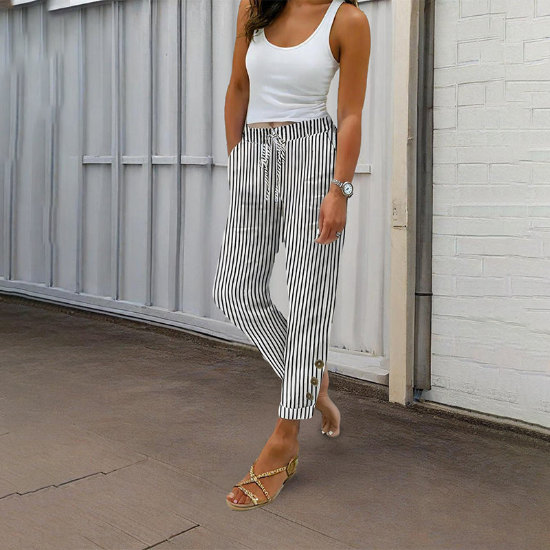 Women's Striped Elastic Waist Pants - Button Accent with Pockets