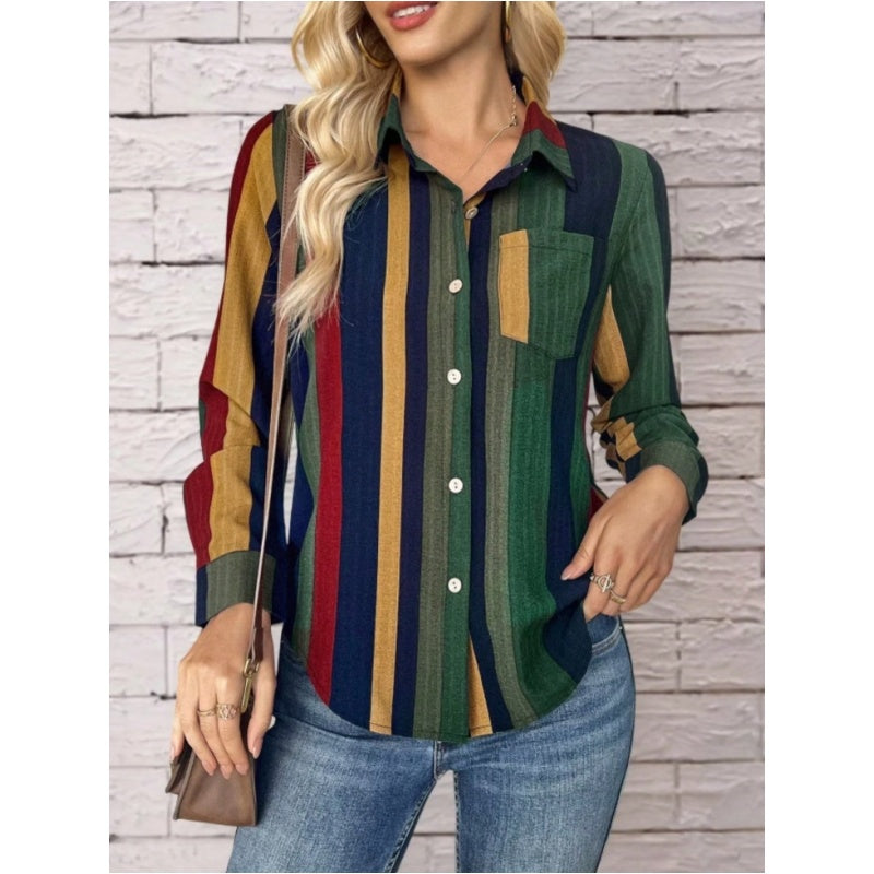 Women's Contrast Color Button-Down Blouse - Long Sleeve Shirt