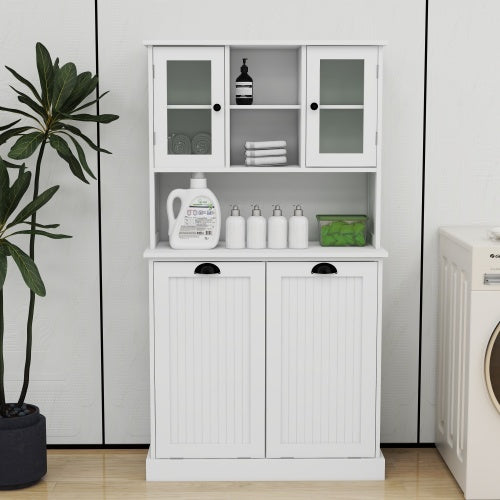 White Tilt Out Double Laundry Cabinet with Adjustable Shelves
