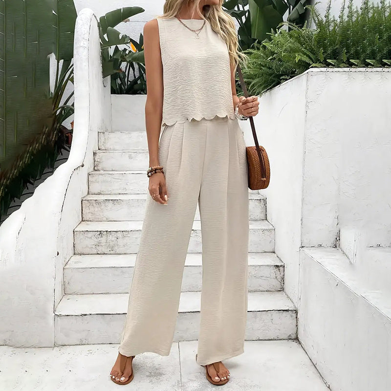Women's Sleeveless Crop Top & Wide Leg Pants Matching Set