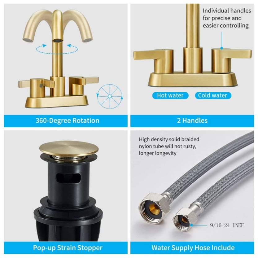 Brushed Gold Bathroom Sink Faucet with Brass Drain