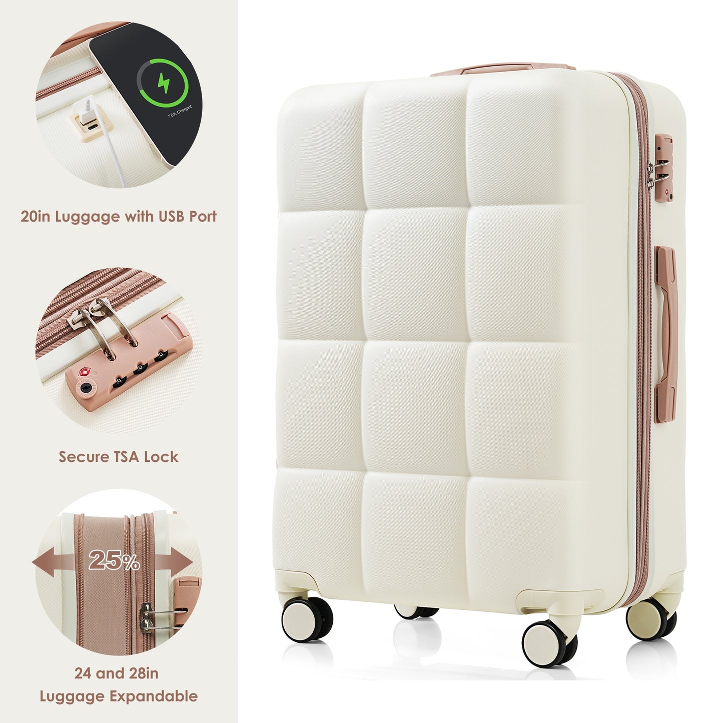 4 Piece Expandable Suitcase Set with USB Port & Travel Bag – Beige