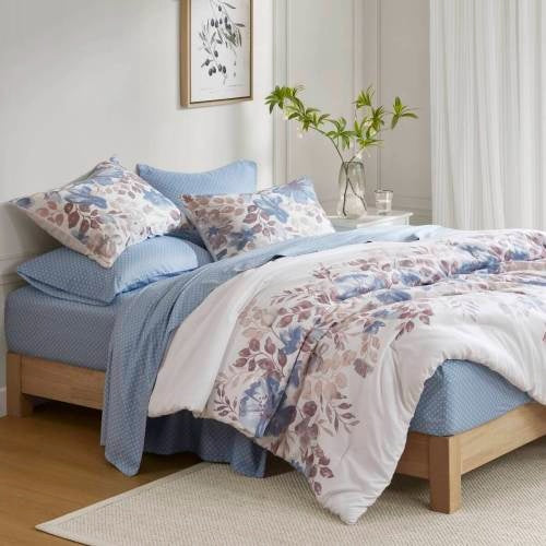 Blue Floral Comforter Set with Bed Sheets – Queen Size