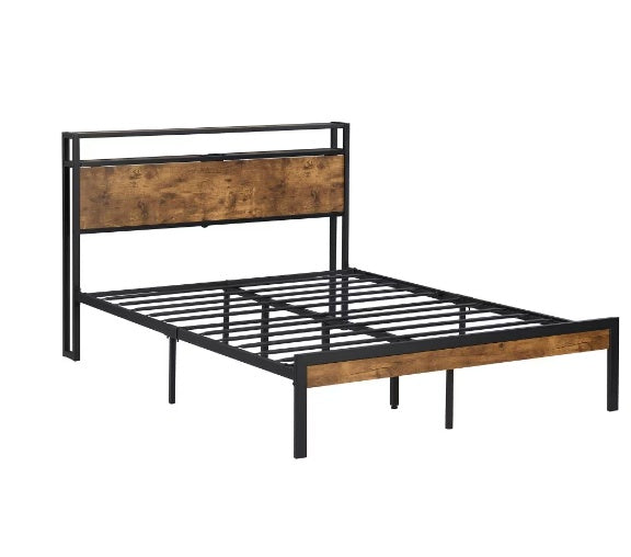 Queen Size Metal Bed Frame with Wooden Headboard and USB Plug