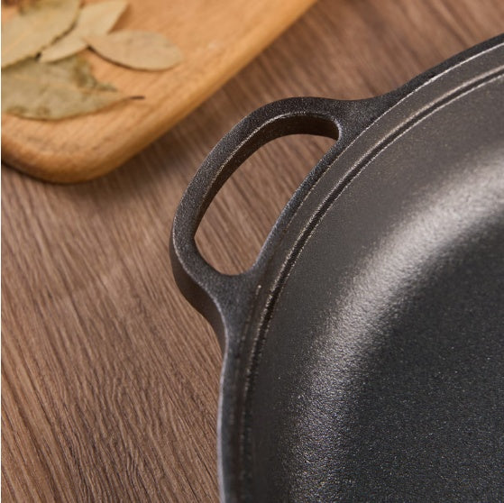 11 Inch Cast Iron Wok with Wooden Lid & Dual Handles