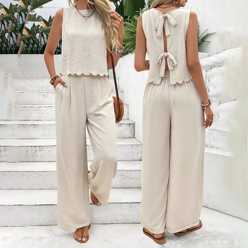Women's Sleeveless Crop Top & Wide Leg Pants Matching Set