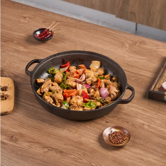 11 Inch Cast Iron Wok with Wooden Lid & Dual Handles