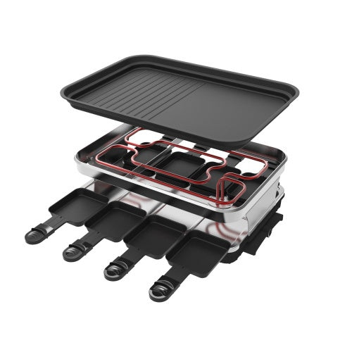 Raclette Non stick Grill with 8 Mini Pans, Adjustable Temperature Electric Party Grill