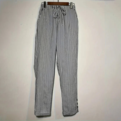 Women's Striped Elastic Waist Pants - Button Accent with Pockets