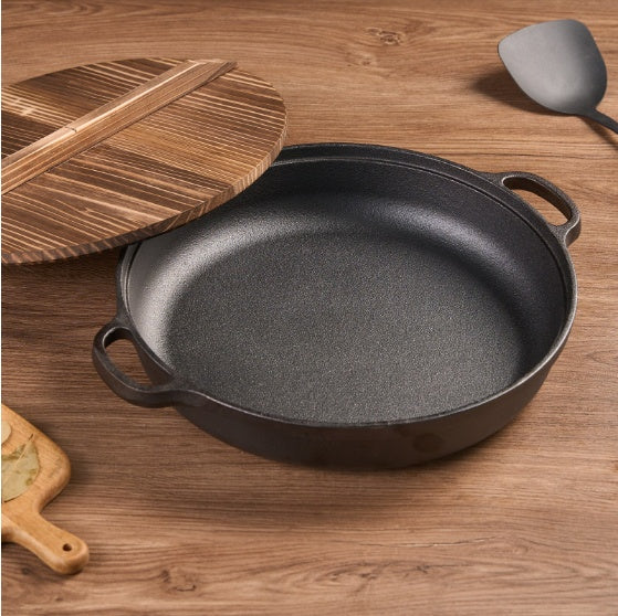 11 Inch Cast Iron Wok with Wooden Lid & Dual Handles