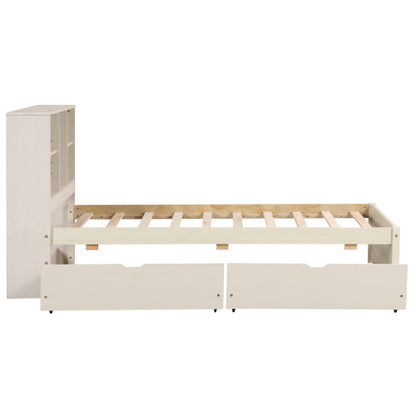 Twin Size Bed Frame with Bookcase Headboard and Built-in USB Port