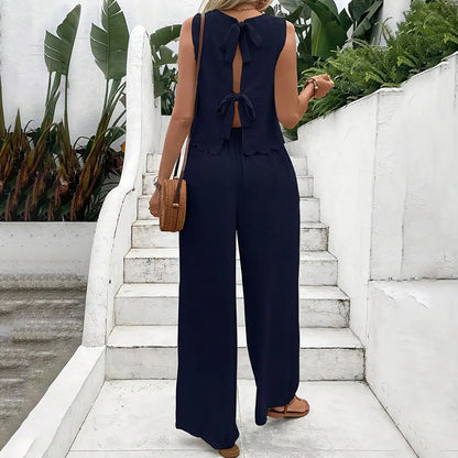 Women's Sleeveless Crop Top & Wide Leg Pants Matching Set