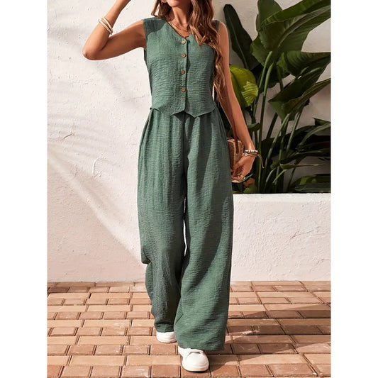 Women’s 2-Piece Blazer Set - Crop Vest and Wide-Leg Pants
