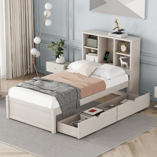 Twin Size Bed Frame with Bookcase Headboard and Built-in USB Port