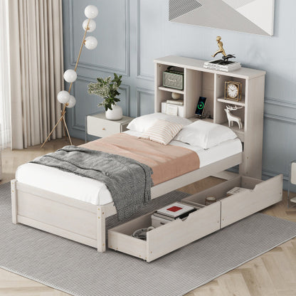 Twin Size Bed Frame with Bookcase Headboard and Built-in USB Port