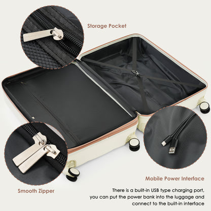 4 Piece Expandable Suitcase Set with USB Port & Travel Bag – Beige