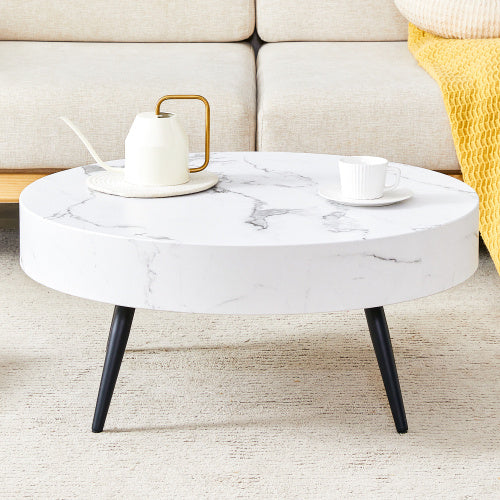 31.5" White Marble Round Coffee Table with Adjustable Feet