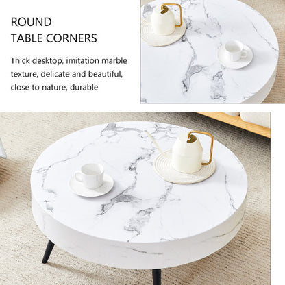 31.5" White Marble Round Coffee Table with Adjustable Feet