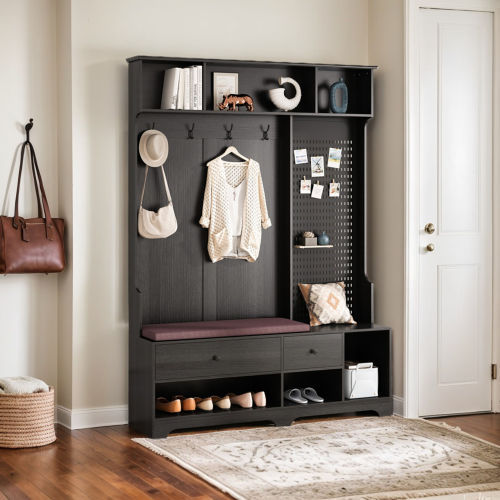 Entryway Storage Rack with Coat Hooks and Pegboard