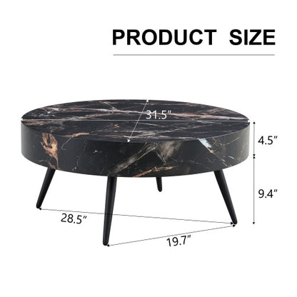 31.5" Black Marble-Patterned MDF Round Coffee Table with Black Metal Legs