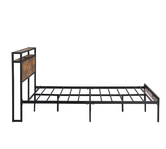Queen Size Metal Bed Frame with Wooden Headboard and USB Plug