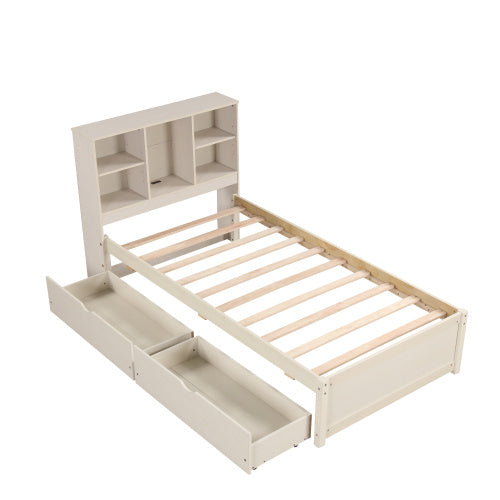 Twin Size Bed Frame with Bookcase Headboard and Built-in USB Port
