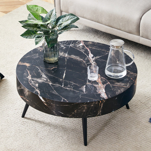 31.5" Black Marble-Patterned MDF Round Coffee Table with Black Metal Legs