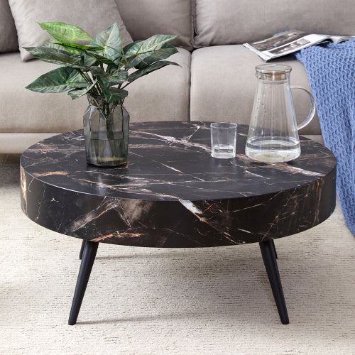 31.5" Black Marble-Patterned MDF Round Coffee Table with Black Metal Legs