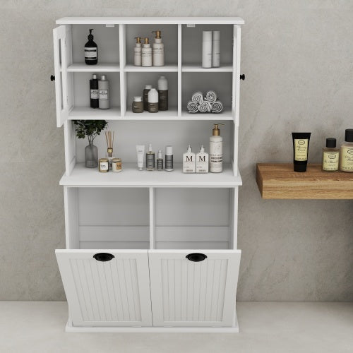 White Tilt Out Double Laundry Cabinet with Adjustable Shelves