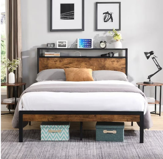 Queen Size Metal Bed Frame with Wooden Headboard and USB Plug